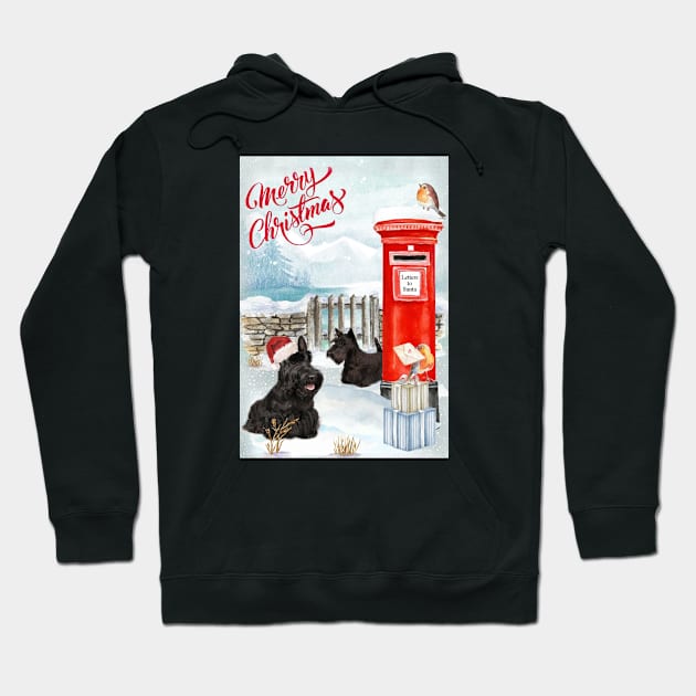 Scottish Terriers Merry Christmas Santa Dog Holiday Greeting Hoodie by Puppy Eyes